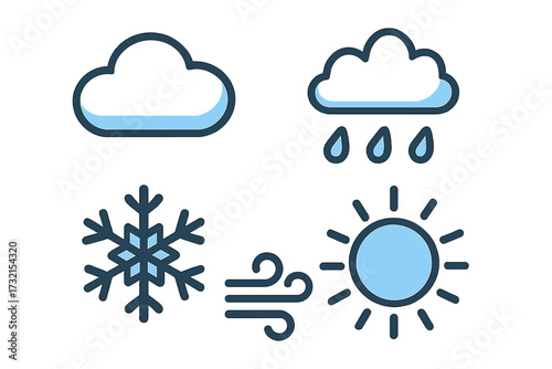 Set of weather forecast symbols and climate icons featuring cloud, rain, snowflake, sun, and wind elements for graphic design