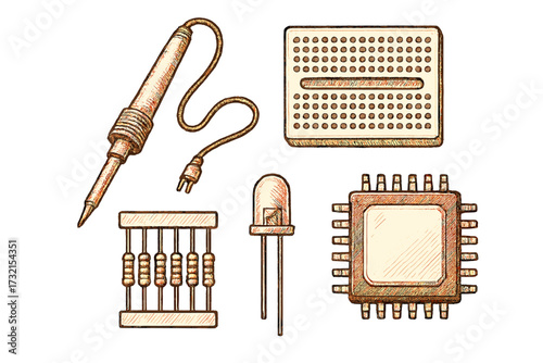 Detailed collection of electronic components such as microchip, LED, resistors, breadboard, and soldering iron
