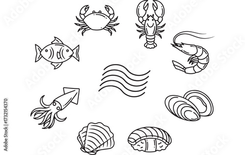 Seafood icons vector line art illustration of marine animals perfect for restaurant menus and food-related designs