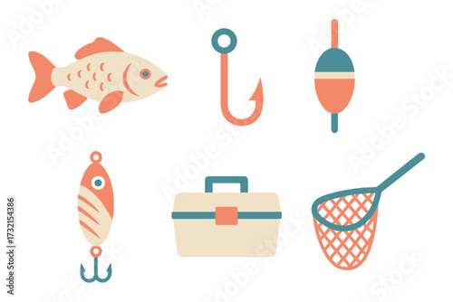 Collection of essential fishing equipment including fish, hook, bobber, lure, tackle box, and net for angling hobby and outdoor recreation