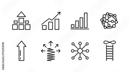 Collection of business growth and network icons in simple outline style for digital use vector