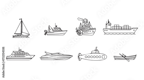 Collection of hand drawn nautical vessels showing diverse marine transportation and shipping options vector