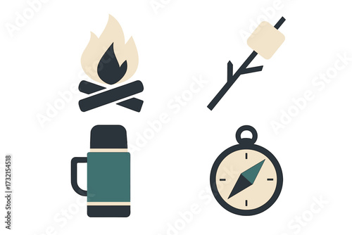Collection of outdoor adventure camping essentials featuring campfire, marshmallow roast, thermos, and compass icons