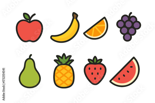 Brightly colored collection of popular fresh fruits including apple, banana, orange, grapes, pear, pineapple, strawberry, and watermelon