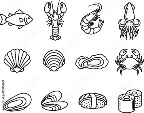 Set of seafood line icons vector illustration of fish shrimp and shellfish isolated on white background