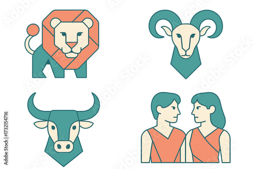 Stylized astrological zodiac symbols featuring lion ram bull and human profiles