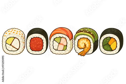 Delicious assortment of colorful sushi rolls with various seafood and vegetable fillings on a clean white background