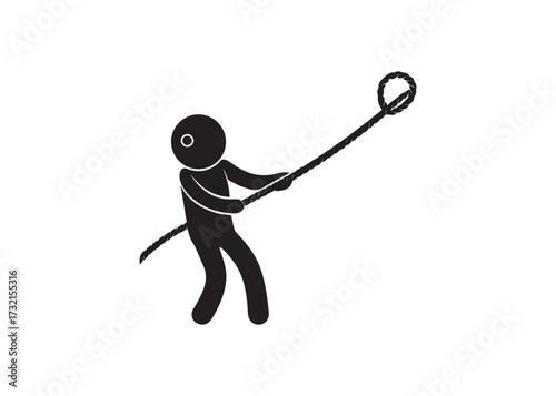 Stick figure pulling a rope isolated on white background in black color.