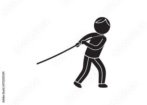 Stick figure pulling a rope isolated on white background in black color.