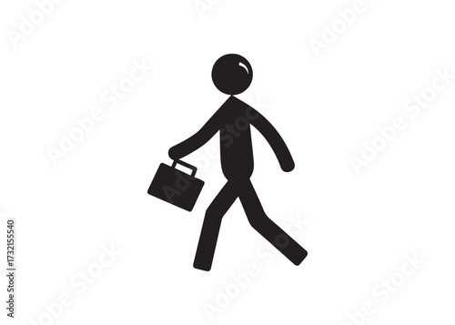 Stick figure businessman walking with briefcase isolated on white background