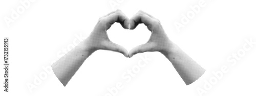 Heart with halftone retro love in hand like media. Shape and vintage concept form with icon symbol. Paper vector design in grunge style with freedom and emotion.