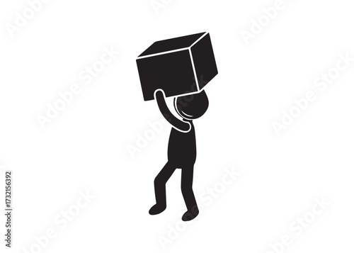 Stick figure carrying heavy box, isolated on white background.