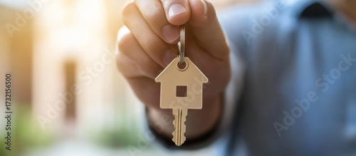 Metallic House Key Being Held by Hand Outdoors in Soft Light