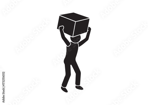 Stick figure carrying heavy box, isolated on white background.