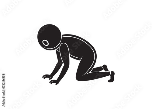 Black silhouette of a person crawling on all fours isolated on white background