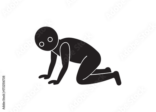 Black silhouette of a person crawling on all fours isolated on white background