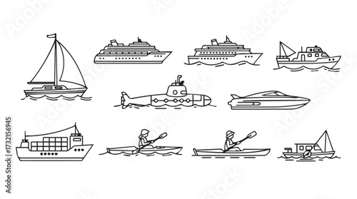 Collection of diverse nautical vessels sketches hand drawn line art aquatic transportation set vector