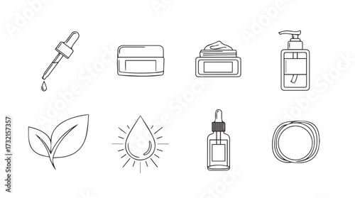 Hand drawn skincare cosmetics icons set beauty products bottles jars dropper leaves and drops vector