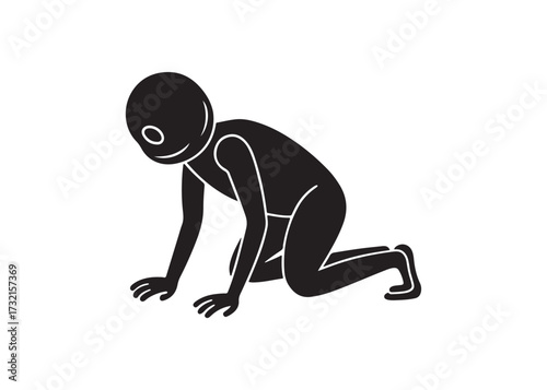Black silhouette of a person crawling on all fours isolated on white background