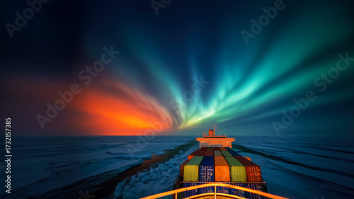 view from large container ship loaded with containers of aurora borealis in northern night sky, copy space explores new routes maritime trade, reduction in cargo shipping after climate change