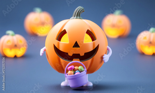A smiling jack-o’-lantern character with tiny arms and legs holding a candy bucket  Generative AI