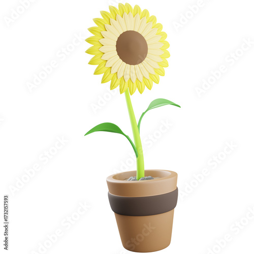 Isolated Yellow Sunflower in Brown Pot on Transparent Background Detailed 3D Rendering Minimalist Style Design Bright Lighting Botanical Illustration Cute Decorative Plant
