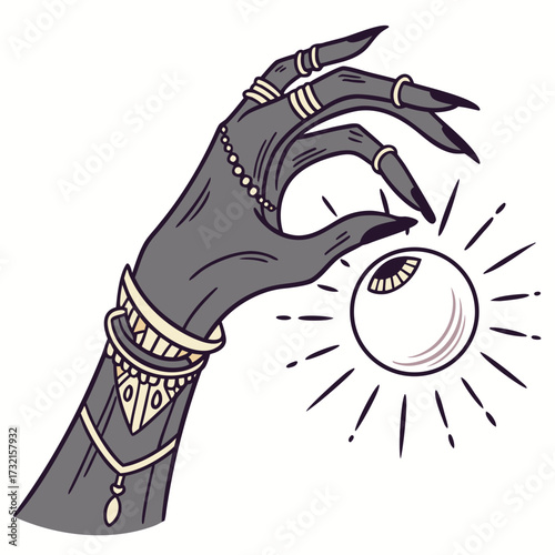 Creepy witch hand with black nails holding an eye spooky fortune teller hand with jewelry halloween concept with a scary hand and eye