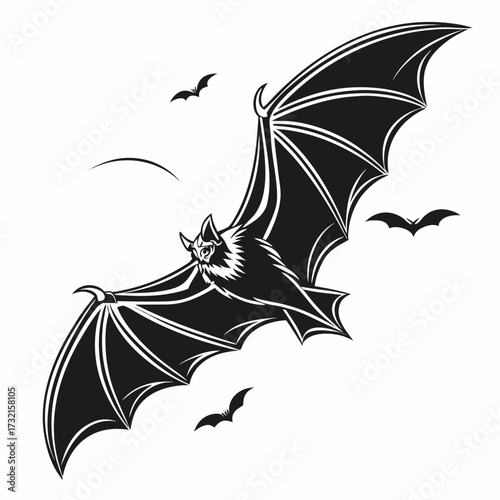 Illustration of a bat in flight with smaller bats in the background, capturing the essence of nocturnal creatures and halloween themes