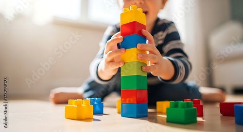 A young child's hands building a colorful tower with building blocks on a wooden floor in natural sunlight, creating a playful and developmental moment
