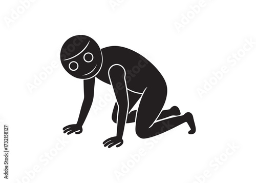 Black silhouette of a person crawling on all fours isolated on white background
