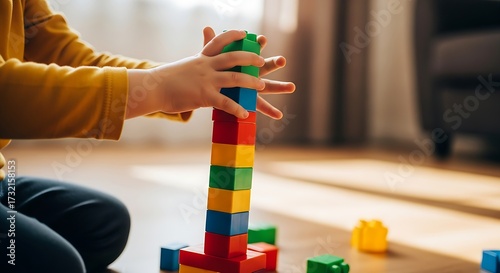 Child's hands carefully stacking colorful building blocks, developing fine motor skills and creativity in a playful learning environment at home