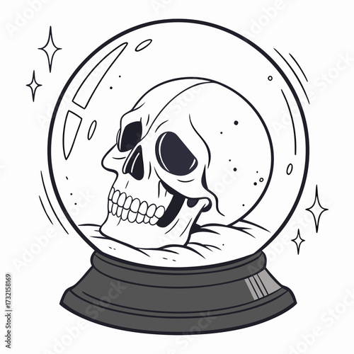 A skull gazes out from within a crystal ball, its stark white form contrasting against the swirling depths, the future is uncertain, but the skulls presence adds a touch of mystery
