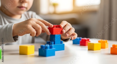 Close-up of a young child's hands building a tower with colorful interlocking plastic toy blocks on a white table, promoting early childhood development and creative play