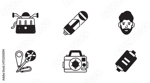 Set of six hand-drawn icons representing music cinema and personal care objects vector