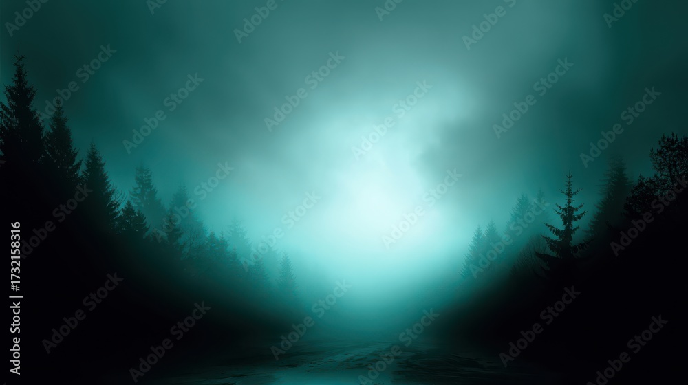 Naklejka premium Green background of misty evergreen forest with dense pine trees