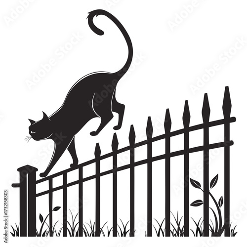 A sleek black cat gracefully balances on a wrought iron fence, its tail arched high against an, evoking a sense of mystery and agility in the night