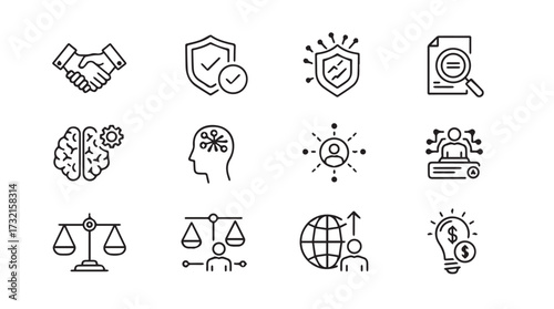 Business concept icons representing trust security law brainstorming networking and global connection vector