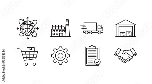 Set of line icons representing global logistics supply chain manufacturing and delivery services vector