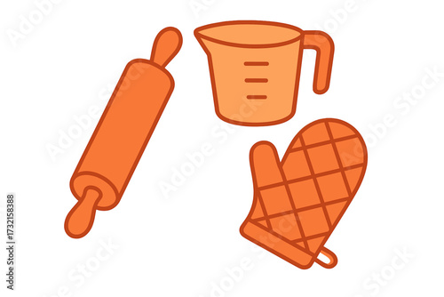 Collection of essential kitchen baking tools including a rolling pin, measuring cup, and oven mitt