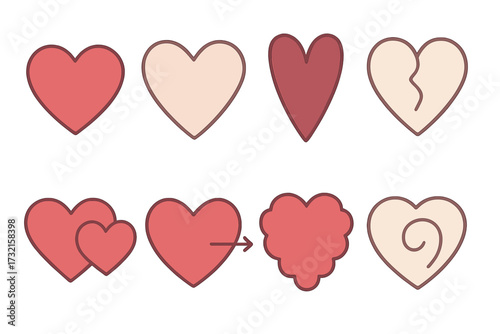 Diverse collection of heart shapes and symbols in various styles representing love and emotional states