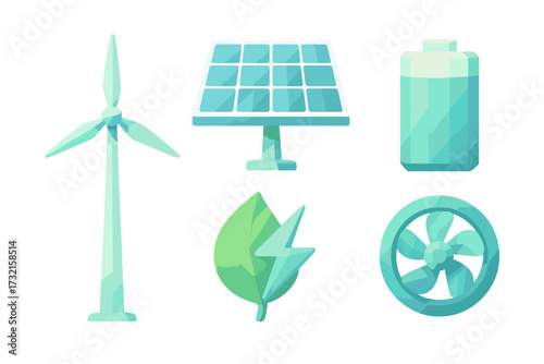 Collection of renewable energy sources and sustainable technology icons for environmental conservation and eco-friendly power generation