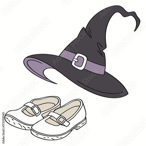 A witch hat with a purple ribbon and a pair of mary jane shoes, a classic and charming choice for halloween