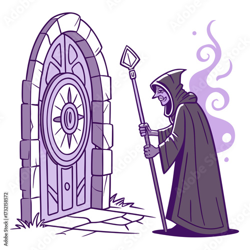 A sinister sorcerer stands before an ancient stone portal, his staff radiating arcane energy as he prepares to unlock the gateway to forgotten realms and unleash dark magic