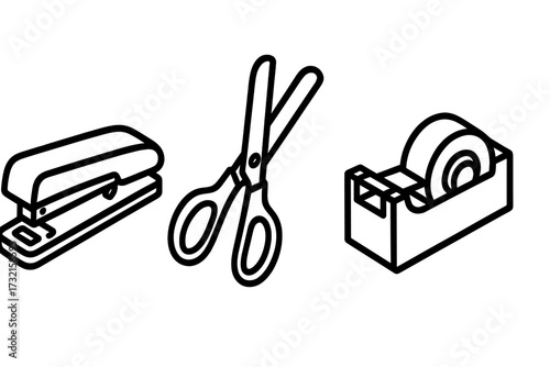 Essential office supplies collection featuring a stapler, sharp scissors, and a tape dispenser for everyday tasks
