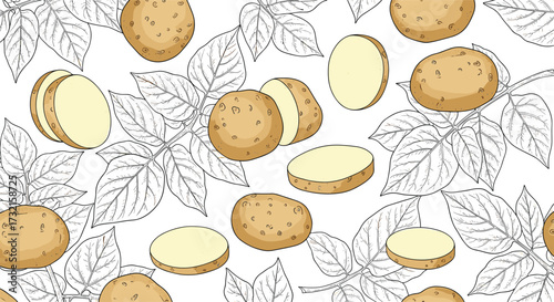 A background pattern featuring whole and sliced potatoes with line art of potato leaves scattered across.