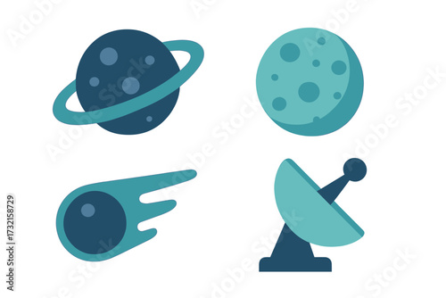 Celestial bodies and space technology symbols: planet, moon, comet, satellite dish for astronomy and communication