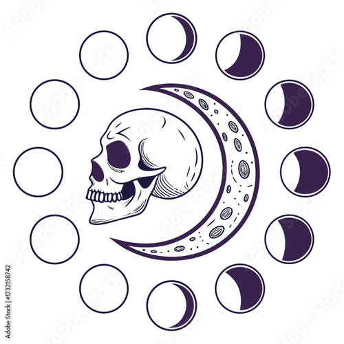 A skull with moon phases, symbolizing the cycle of life and death, the passage of time, and the mysteries of the universe