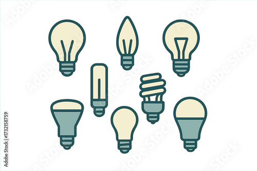 Diverse collection of modern and traditional electric light sources for illumination and energy saving, including various bulb types