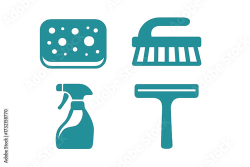 Collection of essential household cleaning tools and supplies including sponge brush spray bottle and squeegee