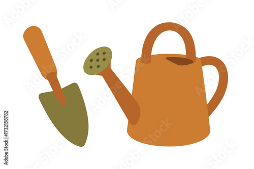 Essential gardening tools set featuring a classic watering can and a small hand trowel for planting and cultivation